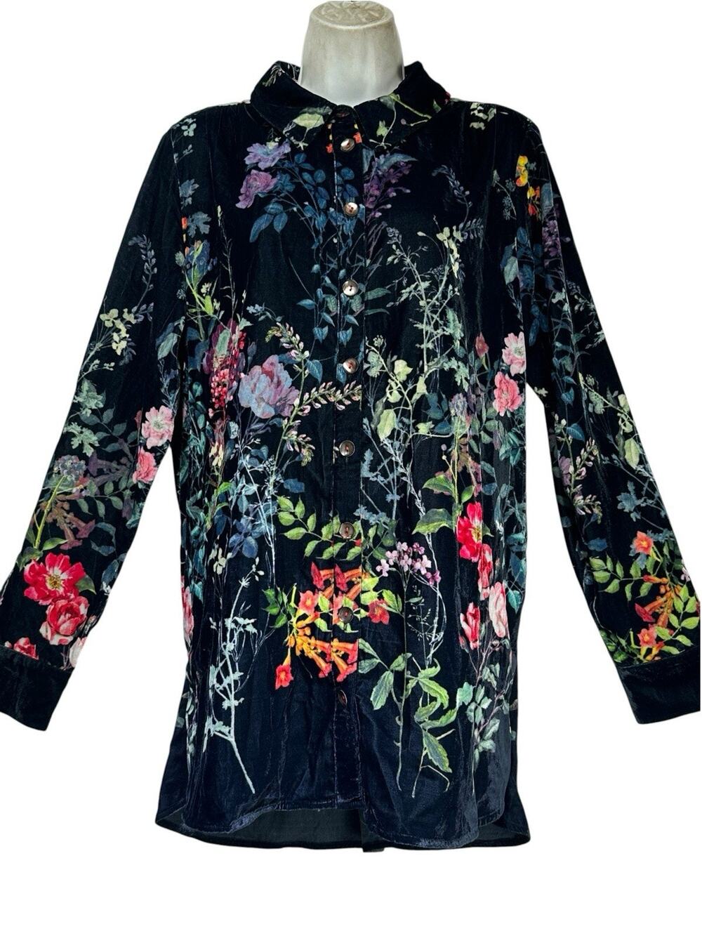 Soft Surroundings Jardim Black Velvet Floral Botanical Button Down Blouse Size L